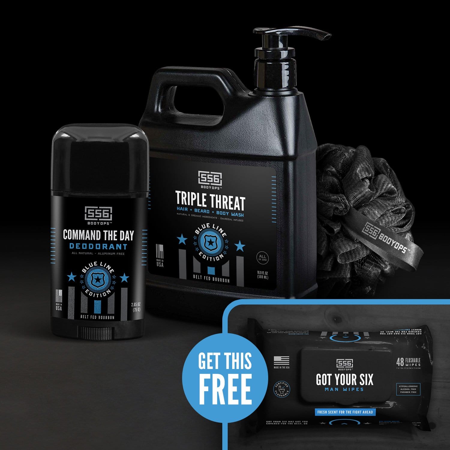 The Belt Fed Bourbon Duo Pack + 1 Loofah + 1 Pack Of Got Your Six Man Wipes